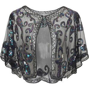 🆕 Women Black Sequin Beaded Evening Cape Bridal Shawl Bolero Flapper Cover Up